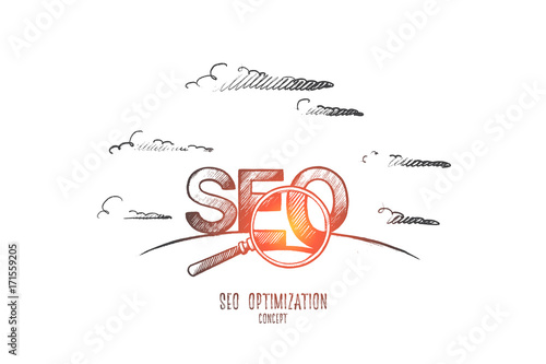 Seo optimization concept. Hand drawn search engine optimization letters. Text seo isolated vector illustration.