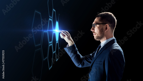 businessman working with virtual network hologram