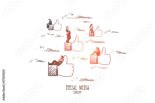 Social media concept. Hand drawn symbols of likes and persons on them. Communication through internet isolated vector illustration.