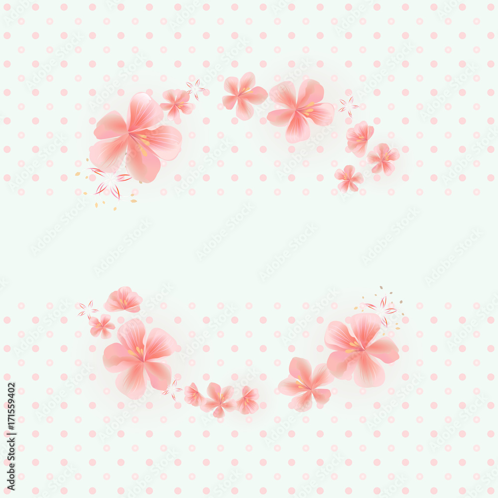 Flying Pink Sakura flowers isolated on light Green dotted background. Apple-tree flowers. Frame Cherry blossom. Vector