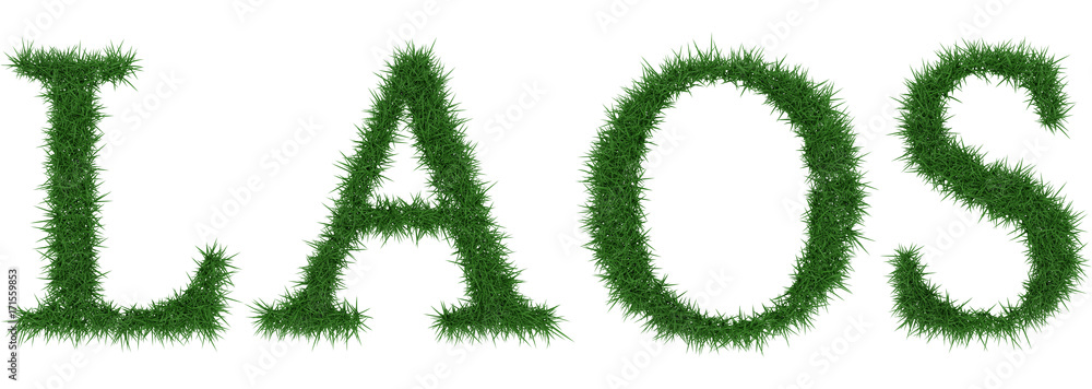 Laos - 3D rendering fresh Grass letters isolated on whhite background. Laos - 3D rendering fresh Grass letters isolated on whhite background.