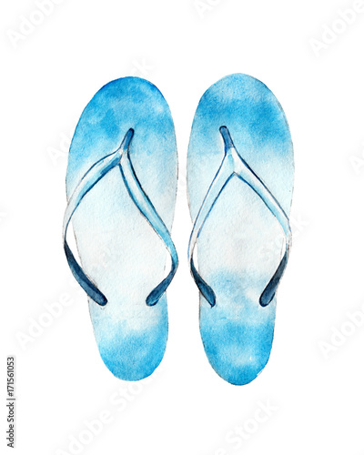Watercolor illustration, hand drawn blue flip flops isolated object on white background.