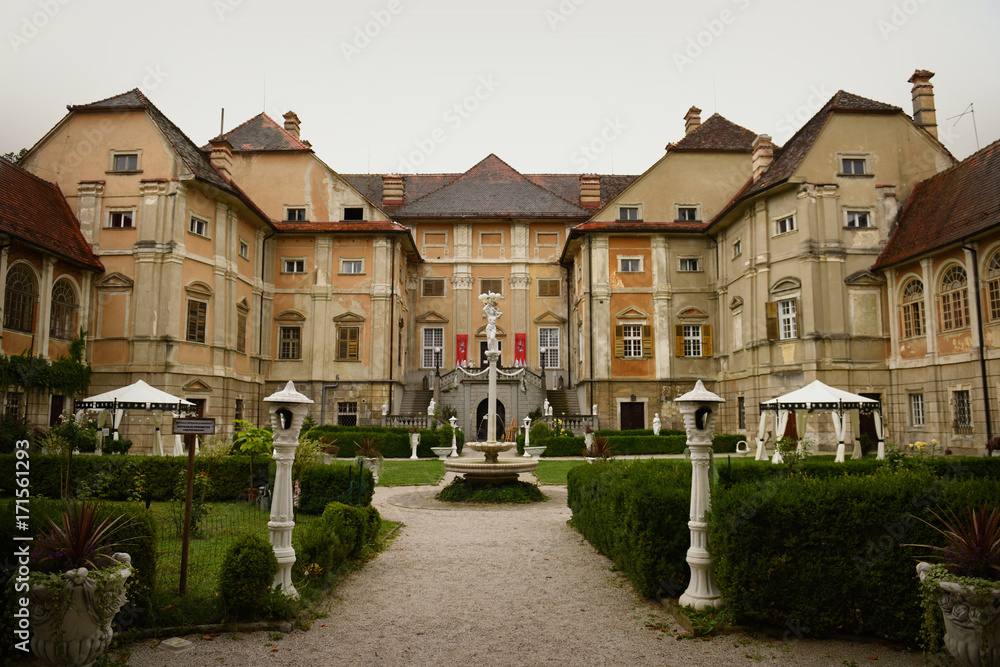 European mansions backyard park with fountain. Statenberg, Slovenia