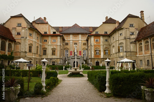 European mansions backyard park with fountain. Statenberg, Slovenia