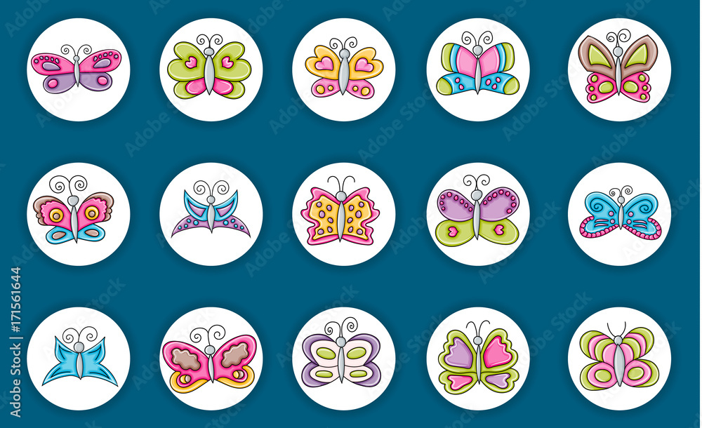 Naklejka premium Butterflies summer icons concept cartoon doodles sticker design. Hand drawn colorful vector illustration collection.