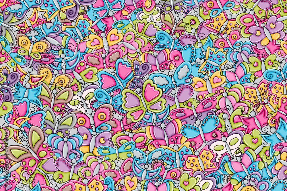 Butterflies summer concept in 3d cartoon doodles background design. Hand drawn colorful vector illustration. Butterflies summer concept in 3d cartoon doodles background design. Hand drawn colorful vector illustration.