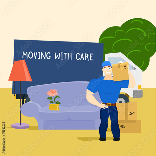 Moving service guy with furniture and moving truck vector illustration