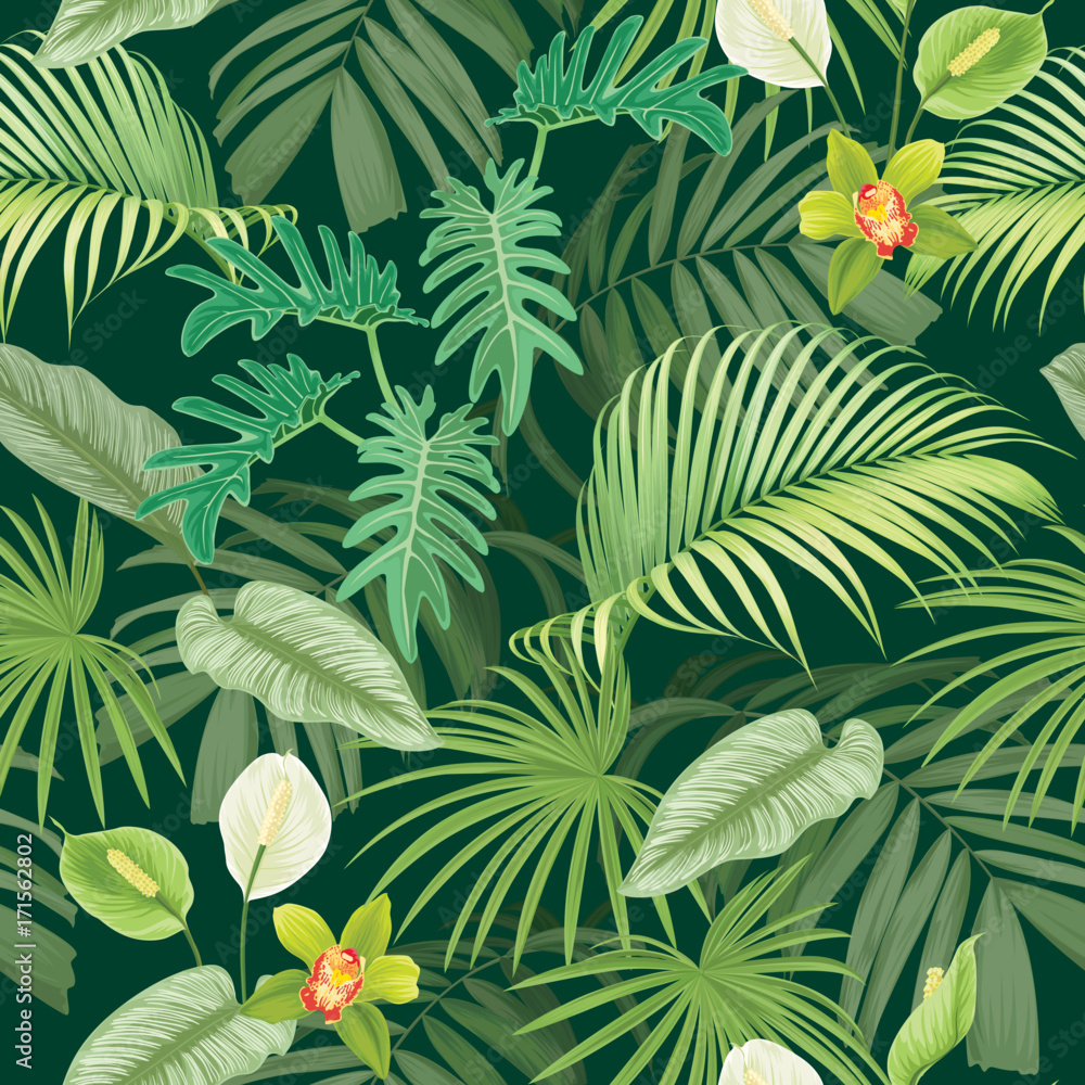 Obraz premium Tropical seamless pattern with leaves and flowers on dark green color background.