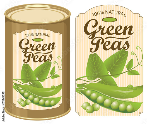 Vector illustration of tin can with a label for canned green peas with the realistic image of pea pods, tendrils and leaves and calligraphic inscription