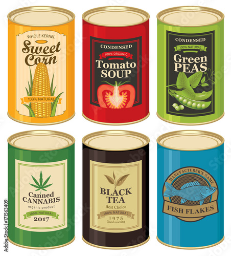 Set of vector illustrations of a tin cans with labels of sweet corn, tomato soup, green peas, canned cannabis, black tea and fish flakes
