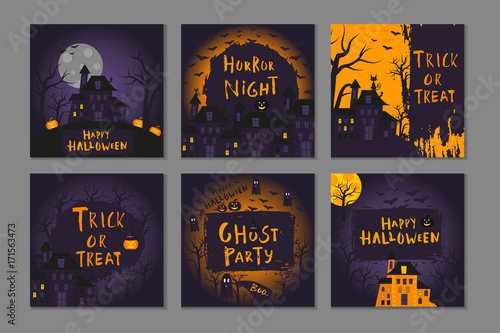 Collection of 6 happy halloween poster design with traditional symbols