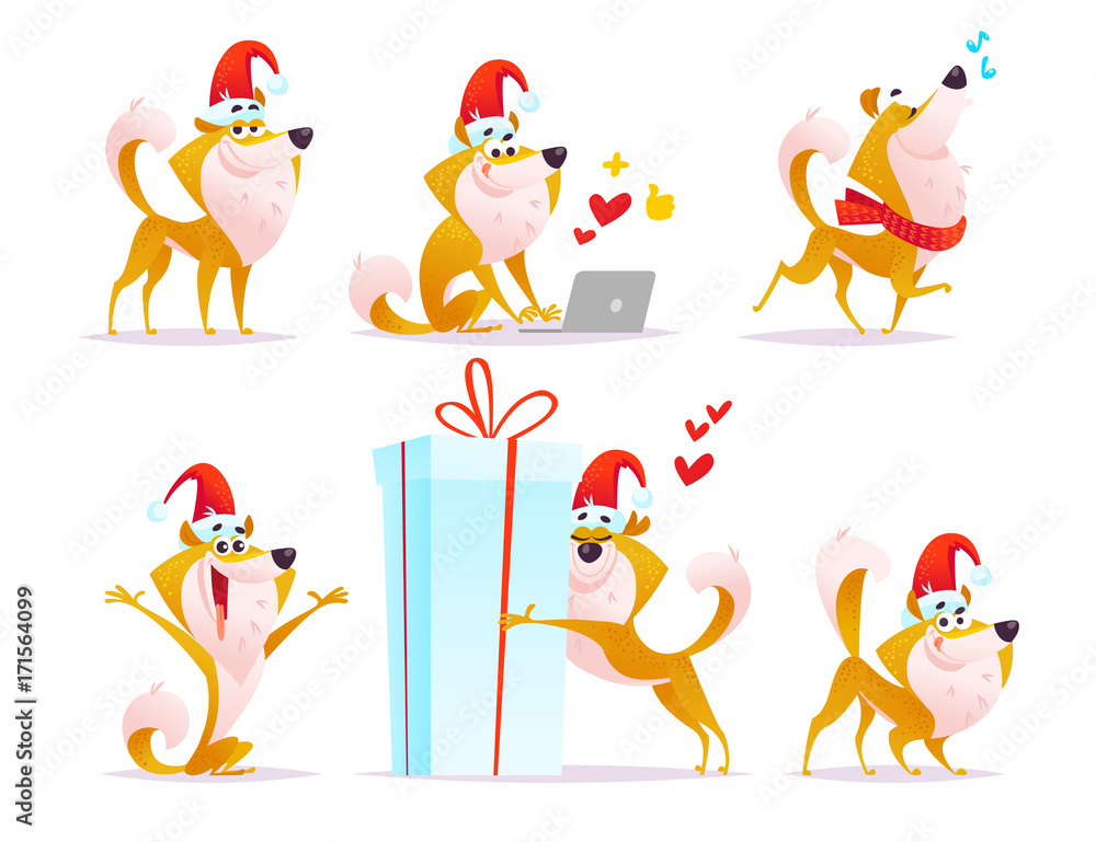 Obraz premium Vector flat christmas dog character in santa hat portrait.