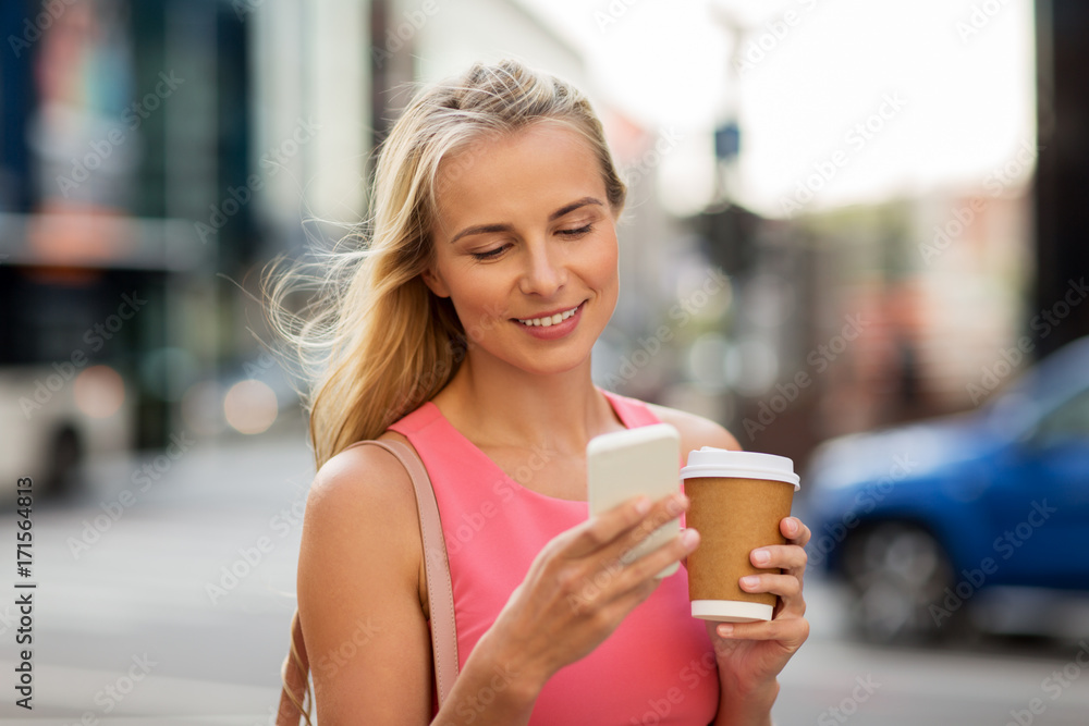 woman with coffee and smartphone in city woman with coffee and smartphone in city
