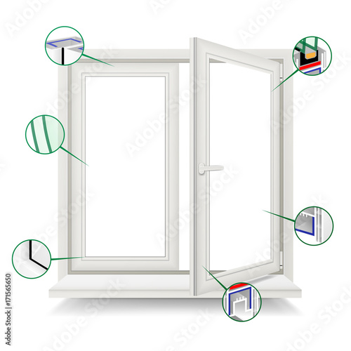 Plastic Window Vector. Window Frame Structure. Open Plastic Glass Window. Isolated On White Background Illustration