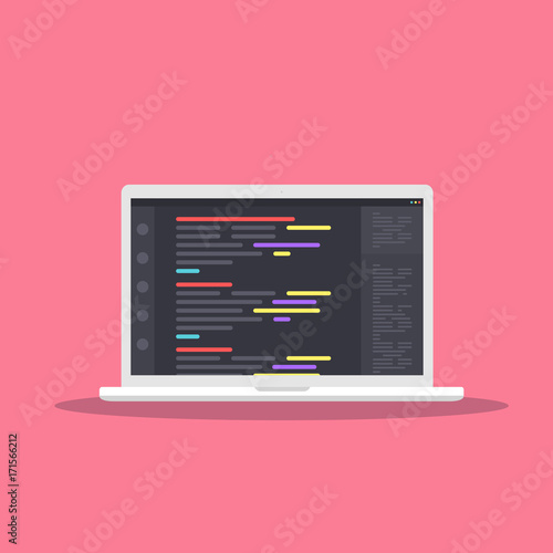 Web Development concept with digital device on pink background. Laptop, computer for work. Program for design or programming - stock vector illustration photo
