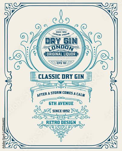 Vertical Gin label with floral frame