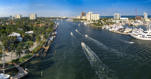 Boats floating in Fort Lauderdale bay, Florida USA. Aerial view.