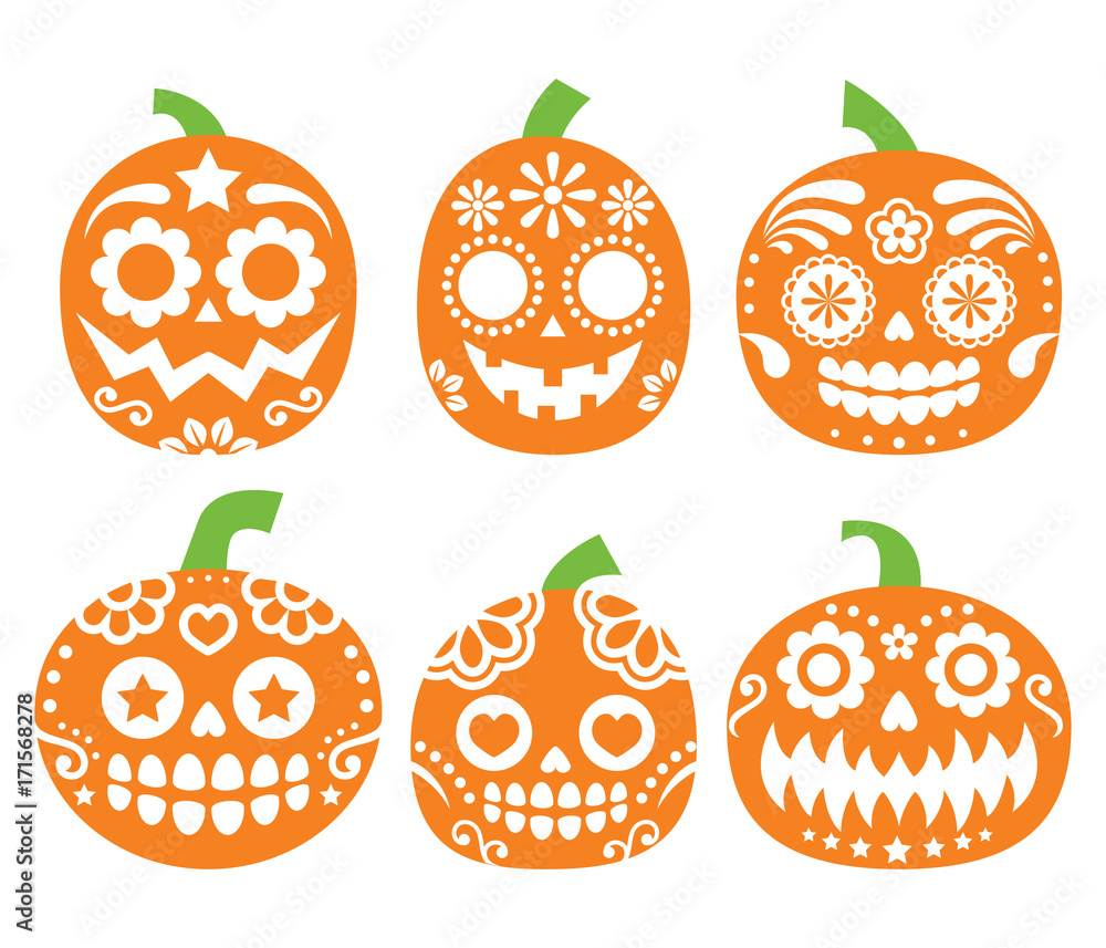 Fototapeta premium Halloween pumpkin vector desgin - Mexican sugar skull style, Dia de los Muertos decoration
