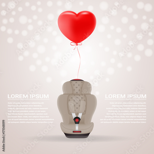 Beige Child Car Seat With Red Baloon In Shape Of Heart Isolated On A Background. Vector Illustration. Products For Children