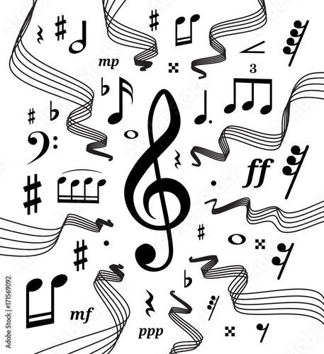 Musical staves vector illustration with music notes and symbols