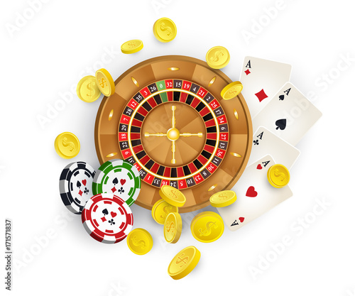 Group of casino symbols - roulette wheel, chips, tokens, playing cards, golden coins, vector illustration on white background. Casino, gambling concept - roulette wheel, chips, playing, golden coins