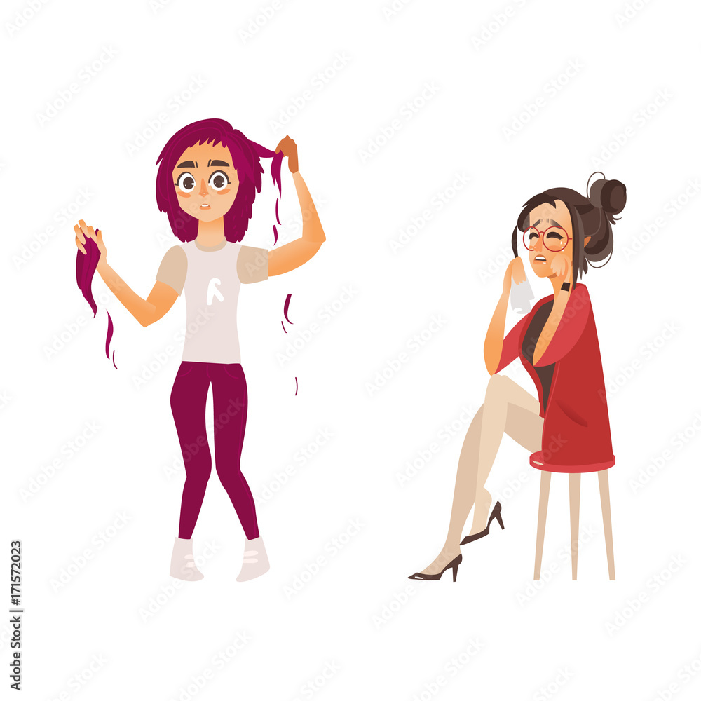 vector flat women suffering from mental illness set. Hair loss problem,  depression grief. female characters plucking her pink hair out, another one  crying. Isolated illustration on a white background. Stock Vector |