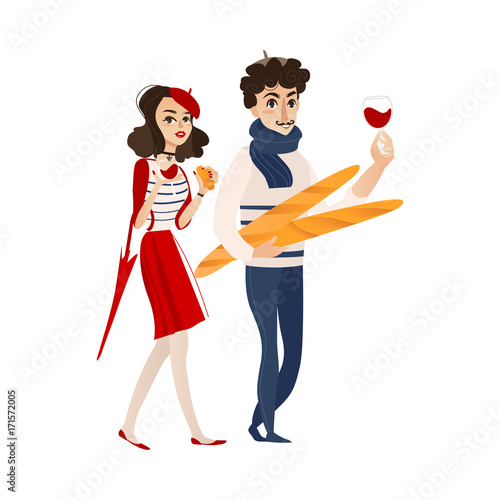 vector cartoon young man in scarf with baguette bread loafs and woman with umbrella, croissant and glass of red wine. French parisian style portraits set. Isolated illustration ona white background photo