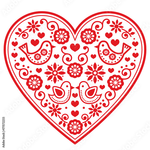 Folk heart vector pattern with flowers and birds - Valentine's Day, wedding, birthday greeting card