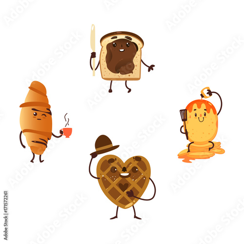 Funny breakfast characters - waffle, toast, croissant and pancake, cartoon vector illustration isolated on white background. Funny smiling waffle, wafer, toast with character, croissant, pancake