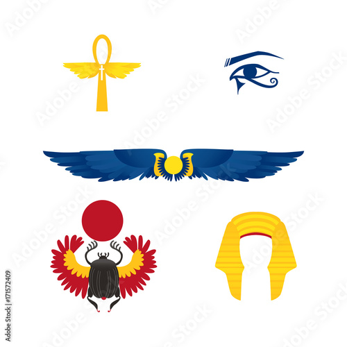 Set of Egypt symbols - winged sun, ankh, pharaoh headdress, eye and scarab beetle, flat cartoon vector illustration isolated on white background. Set of flat style Egyptian symbols