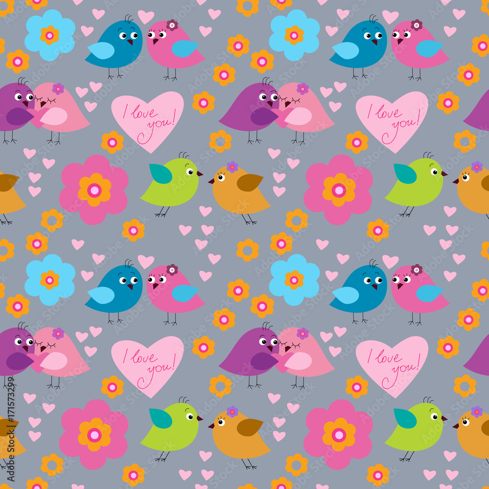 Cute seamless pattern with birds on the day of Saint Valentine