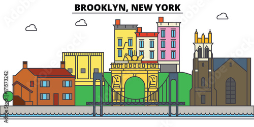 Brooklyn, New York. City skyline, architecture, buildings, streets, silhouette, landscape, panorama, landmarks. Editable strokes. Flat design line vector illustration concept. Isolated icons