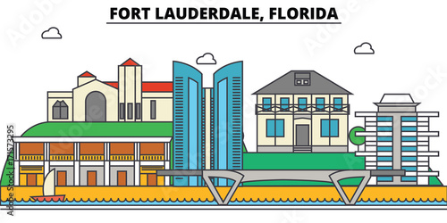 Fort Lauderdale, Florida. City skyline, architecture, buildings, streets, silhouette, landscape, panorama, landmarks. Editable strokes. Flat design line vector illustration concept. Isolated icons