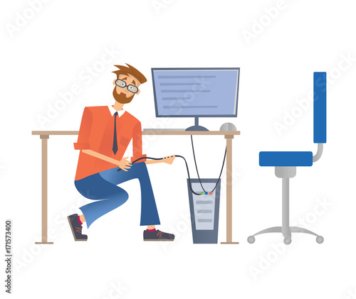 Man repairing a computer or connect it to the network. Service repair of computers. Vector illustration, isolated on white background.