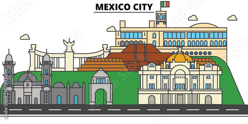 Mexico City. City skyline, architecture, buildings, streets, silhouette, landscape, panorama, landmarks. Editable strokes. Flat design line vector illustration concept. Isolated icons