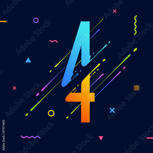 Modern abstract colorful number with minimal design. Number 4. Abstract background with cool bright geometric elements. Dynamic liquid ink splashes symbol. Eps10 vector template for your art