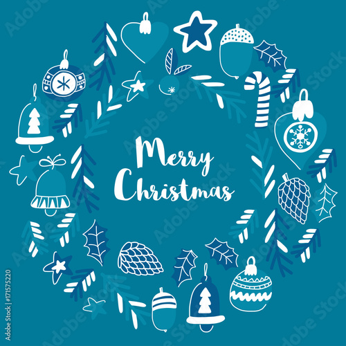 Blue christmas pattern with christmas bells, snowflakes, candy Holly jolly Merry Christmas and Happy New Year