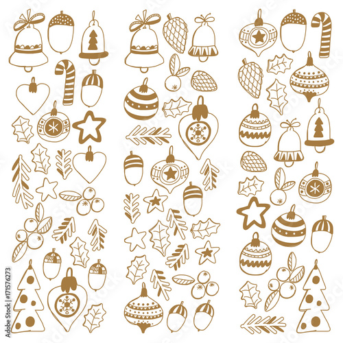 Gold Christmas pattern Frame wth christmas elements, balls, decoration Merry Christmas and Happy New year Holly jolly Holiday celebration