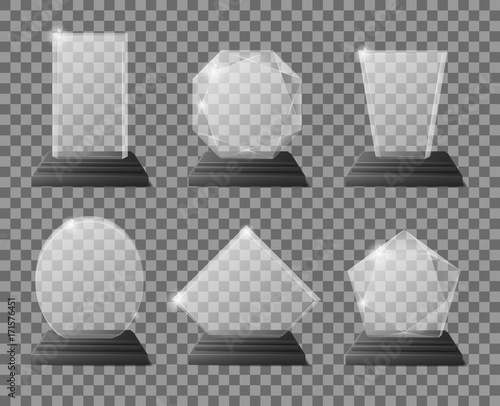 Set of empty glass trophy awards. Realistic vector illustration. Glossy transparent trophy for award illustration