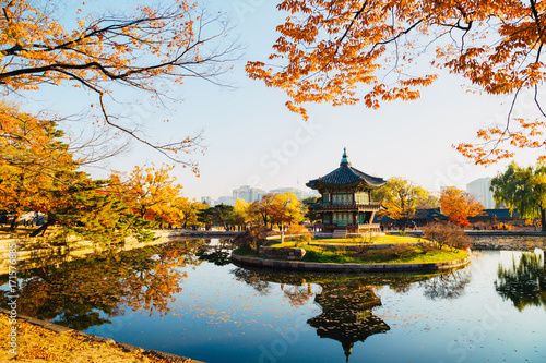 Photography Korean traditional architecture Gyeongbokgung Palace Hyangwonjeong at autumn in