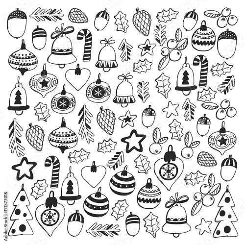 Christmas pattern for coloring book Frame wth christmas elements, balls, decoration Merry Christmas and Happy New year Holly jolly Holiday celebration