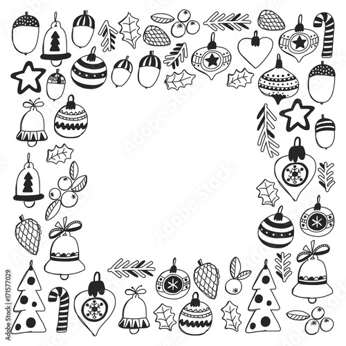Christmas pattern for coloring book Frame wth christmas elements, balls, decoration Merry Christmas and Happy New year Holly jolly Holiday celebration