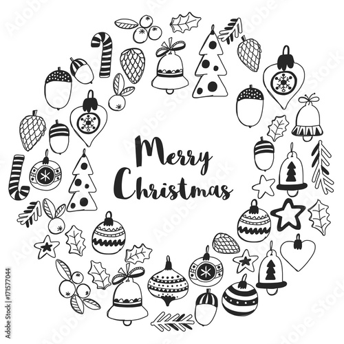 Christmas wreath Pattern for coloring book Frame wth christmas elements, balls, decoration Merry Christmas and Happy New year Holly jolly Holiday celebration