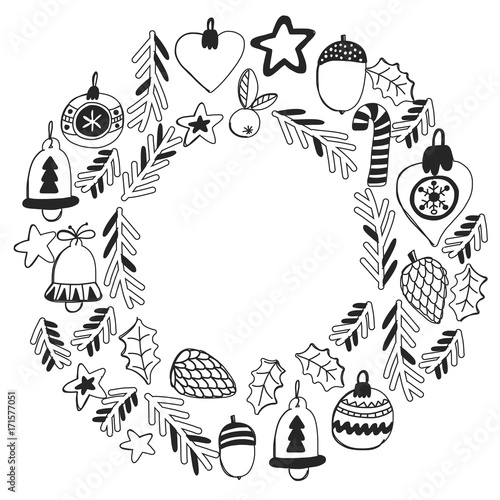Christmas wreath Pattern for coloring book Frame wth christmas elements, balls, decoration Merry Christmas and Happy New year Holly jolly Holiday celebration