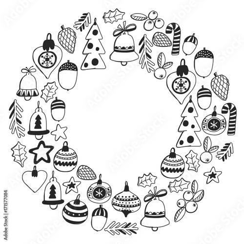 Christmas wreath Pattern for coloring book Frame wth christmas elements, balls, decoration Merry Christmas and Happy New year Holly jolly Holiday celebration