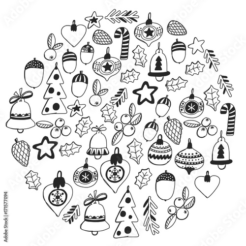 Christmas pattern for coloring book Frame wth christmas elements, balls, decoration Merry Christmas and Happy New year Holly jolly Holiday celebration
