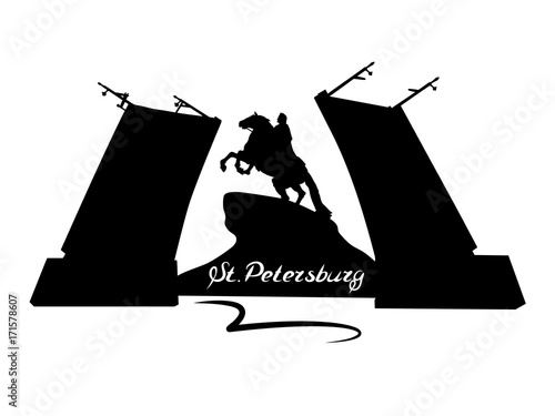 Monument to Peter the first - Bronze Horseman. View  from the Neva River through the drawbridge. Sights of St. Petersburg.