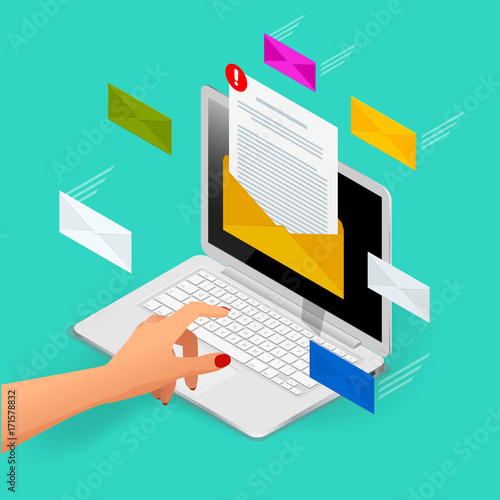Incoming email isometric vector concept. Receiving messages. Laptop with envelope and document on a screen. Email, email marketing, internet advertising concepts.