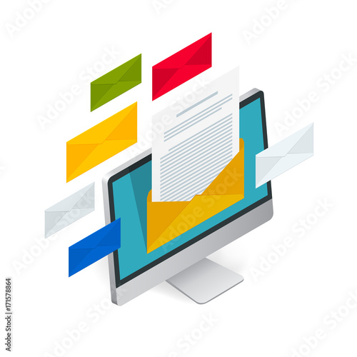 Incoming email isometric vector concept. Receiving messages. Laptop with envelope and document on a screen. Email, email marketing, internet advertising concepts.
