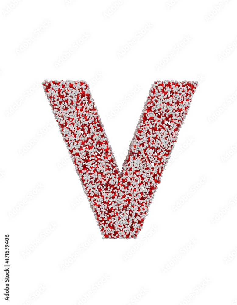 3D render of red and white alphabet make from pills. small letter v with clipping path. Isolated on white background 3D render of red and white alphabet make from pills. small letter v with clipping path. Isolated on white background